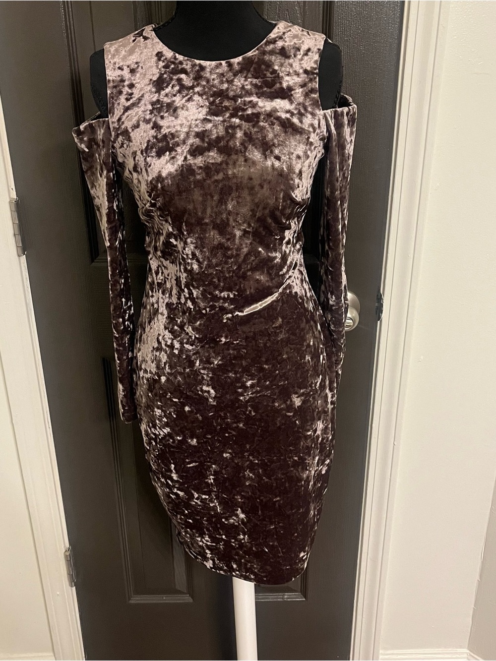 Calvin Klein Crushed Velvet Cold-Shoulder Long Sleeve Dress - Brown